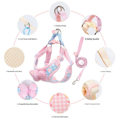 Korean Style Plaids Bow Dog Cat Chest Harness in pink and blue, with matching leash attached.