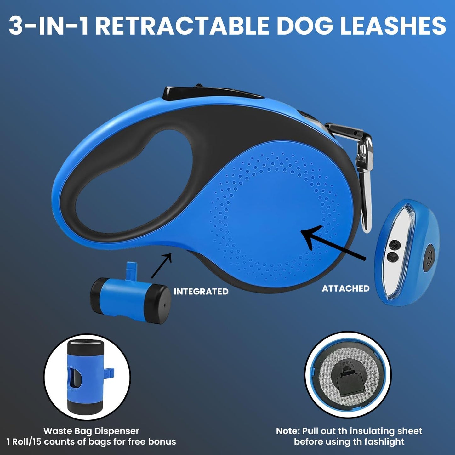 Automatic Retractable Dog Leash with Bag Dispenser and Flashlight