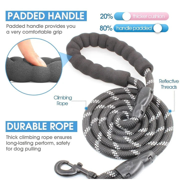 Long Dog Leash with Comfortable Padded Handle and Highly Reflective Threads
