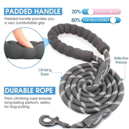 Long Dog Leash with Comfortable Padded Handle and Highly Reflective Threads