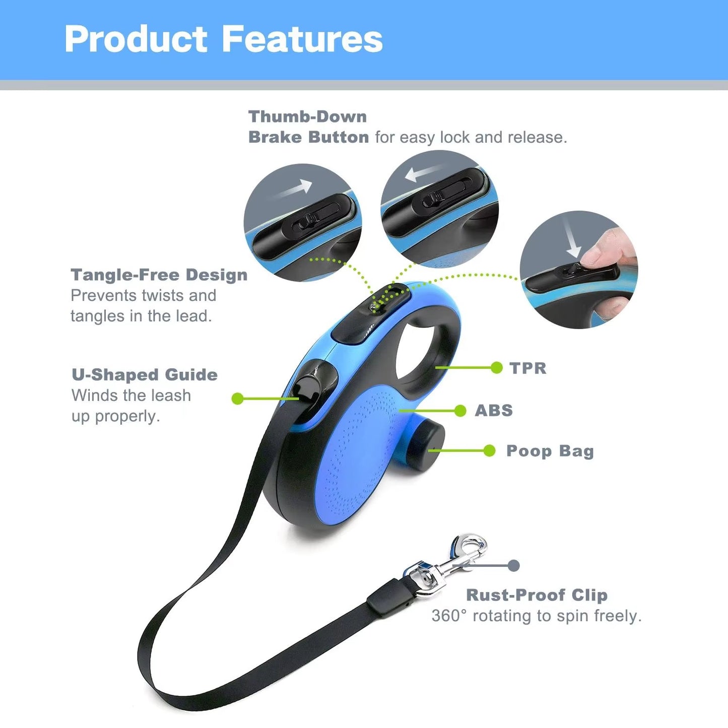Retractable Dog Leash with Waste Bag Dispenser Soft Anti Slip Grip