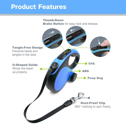 Retractable Dog Leash with Waste Bag Dispenser Soft Anti Slip Grip