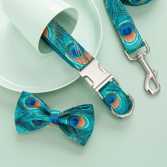 3 Pcs Peacock Print Style Customized Dog Collar Leash Matched Bowtie Set