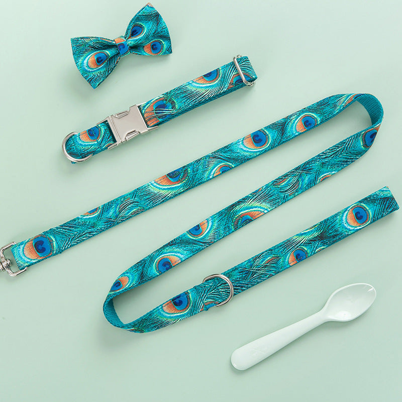 3 Pcs Peacock Print Style Customized Dog Collar Leash Matched Bowtie Set