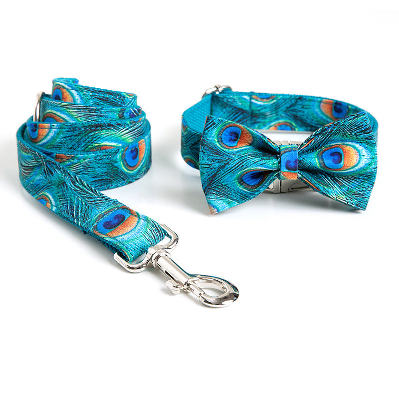 3 Pcs Peacock Print Style Customized Dog Collar Leash Matched Bowtie Set