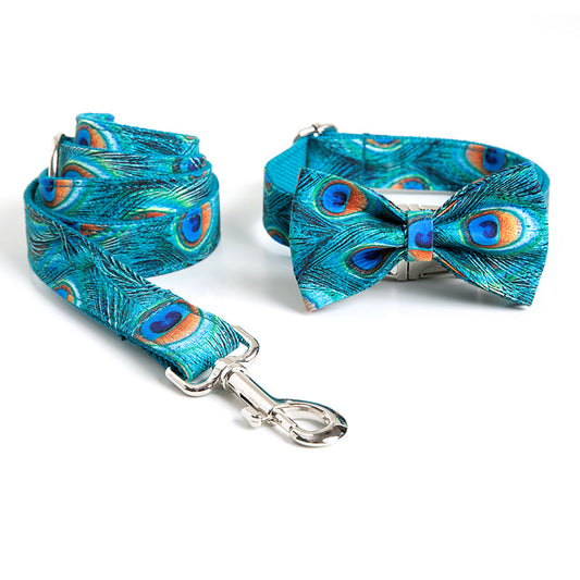 3 Pcs Peacock Print Style Customized Dog Collar Leash Matched Bowtie Set