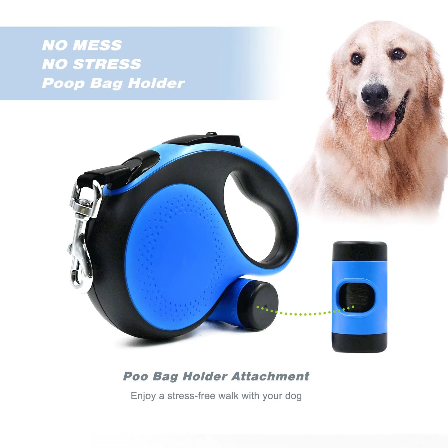 Retractable Dog Leash with Waste Bag Dispenser Soft Anti Slip Grip