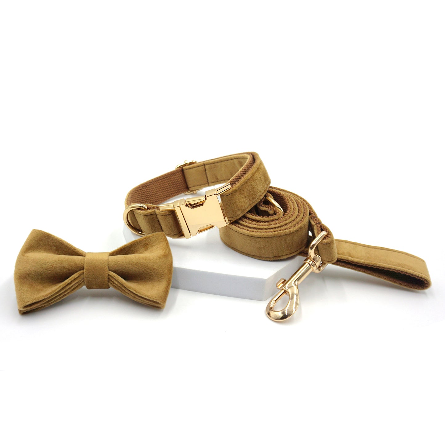 3 Pcs Stripe Velvet Personalized Dog Collar Leash Bowtie Set