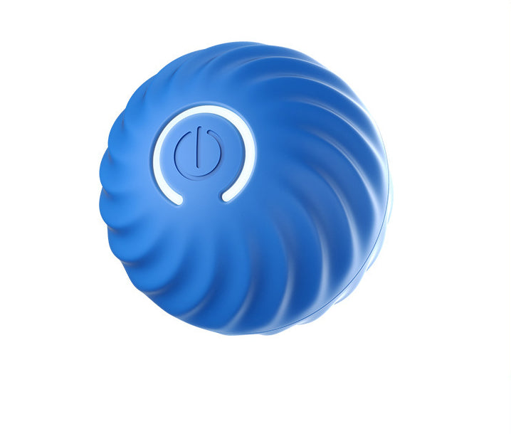 Blue USB rechargeable smart jumping ball for dogs with a central white power button, designed for interactive pet play