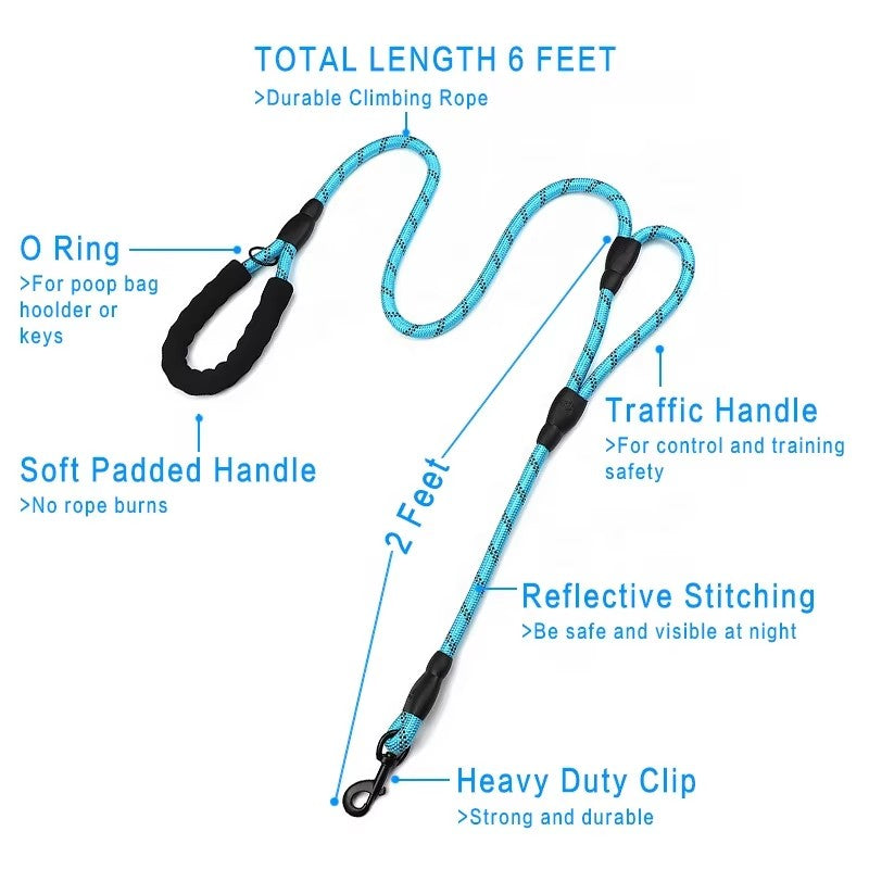 Dog Leash Reflective Traffic Padded Double Handle Lead for Control Safety Training