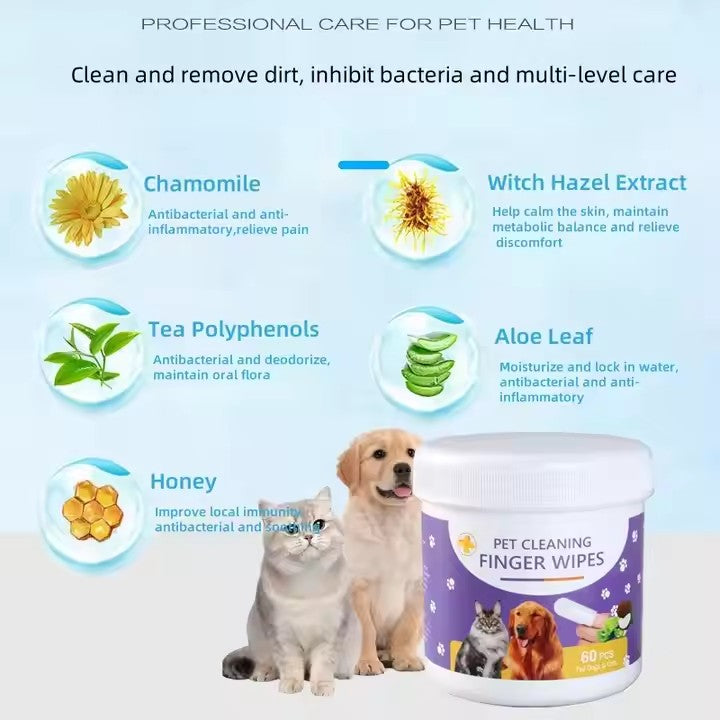 60pcs Pet Teeth Cleaning Finger Wet Wipes for Dogs and Cats Easy Oral Care Ear Eye