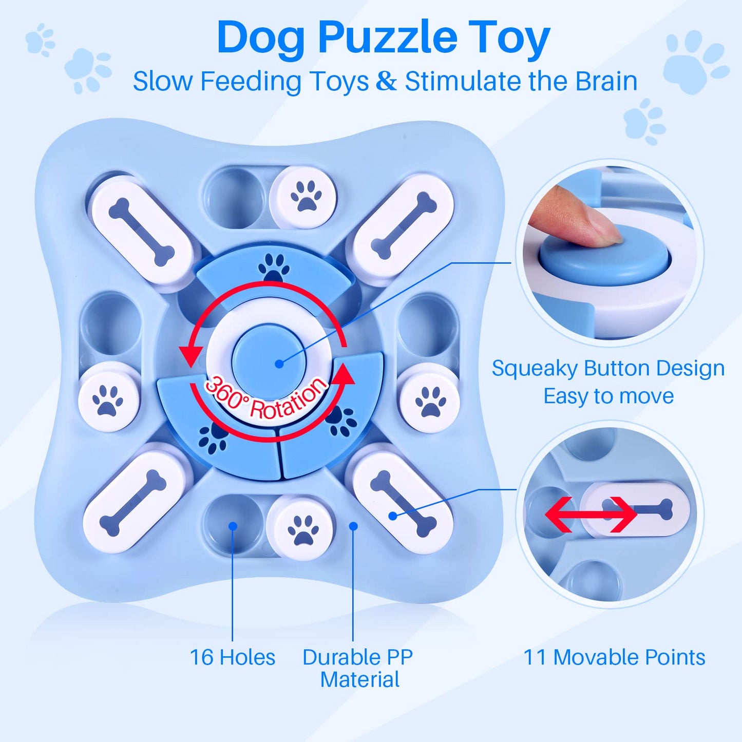 Blue slow feeder dog puzzle toy with 16 white paw print holes and a red squeak button, made from durable plastic for mental stimulation.
