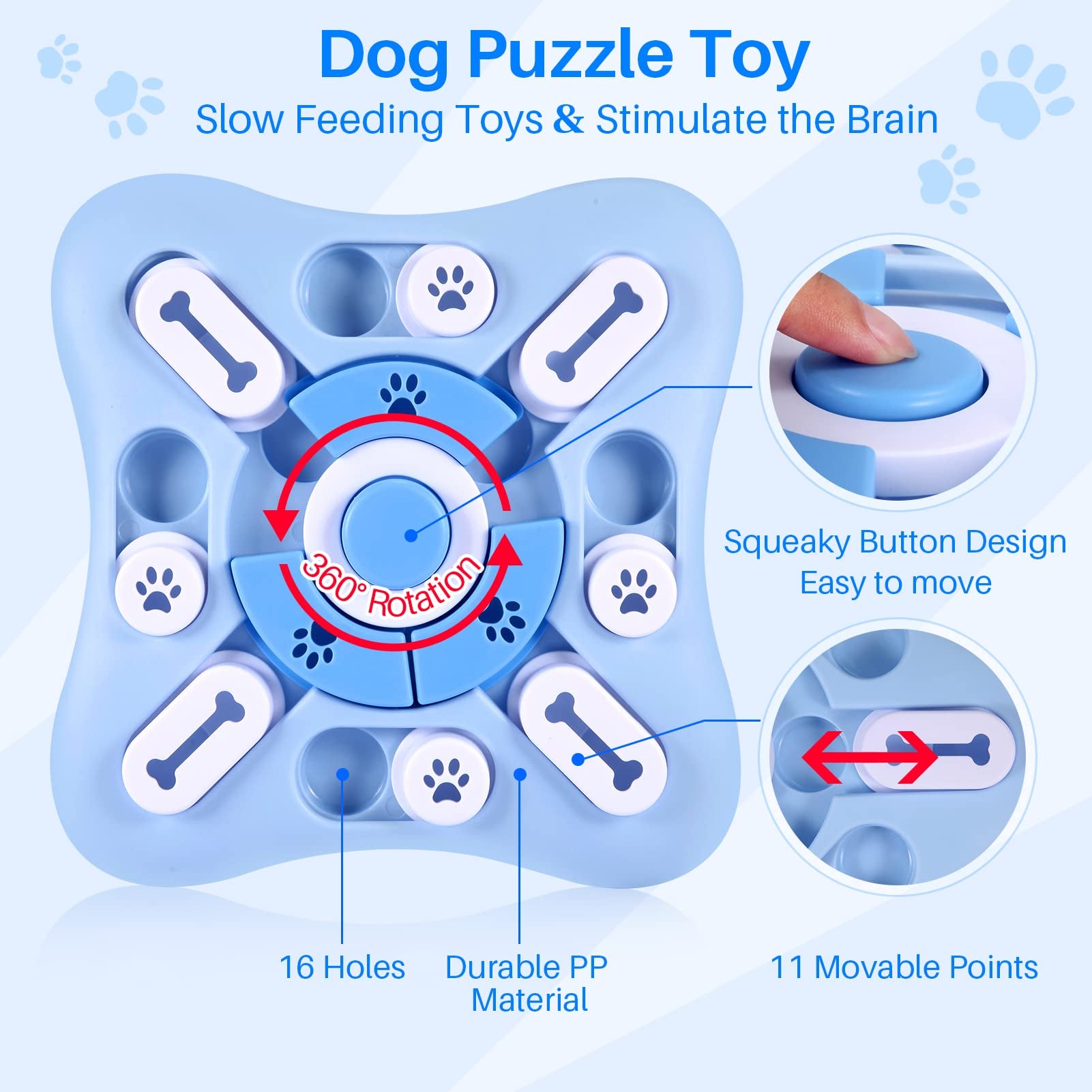 Blue slow feeder dog puzzle toy with 16 white paw print holes and a red squeak button, made from durable plastic for mental stimulation.