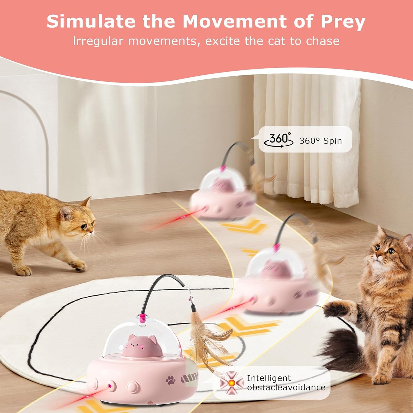 2-in-1 UFO Laser Cat Toy featuring smart sensor and rechargeable battery, in action with a cat on a white carpet