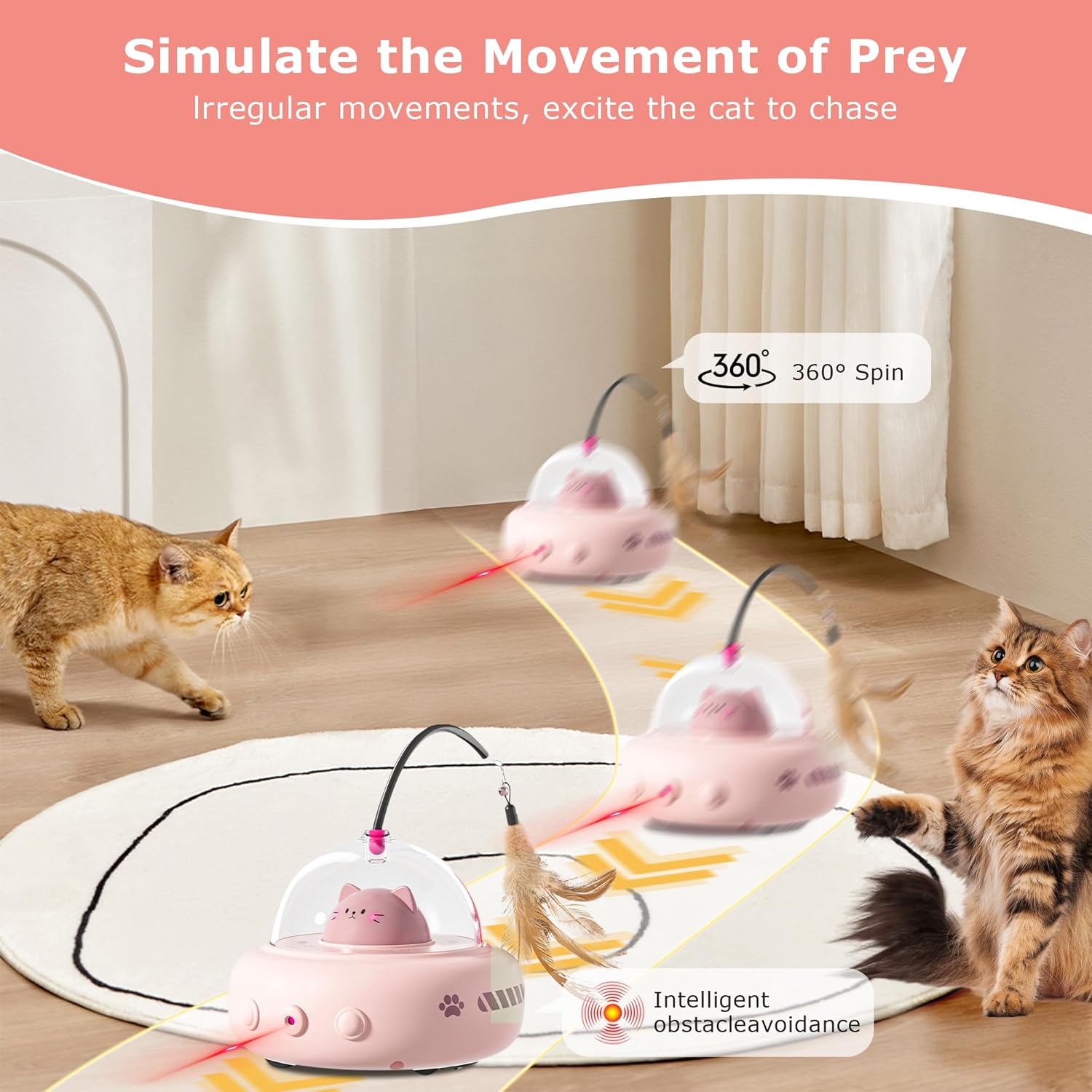 2-in-1 UFO Laser Cat Toy featuring smart sensor and rechargeable battery, in action with a cat on a white carpet