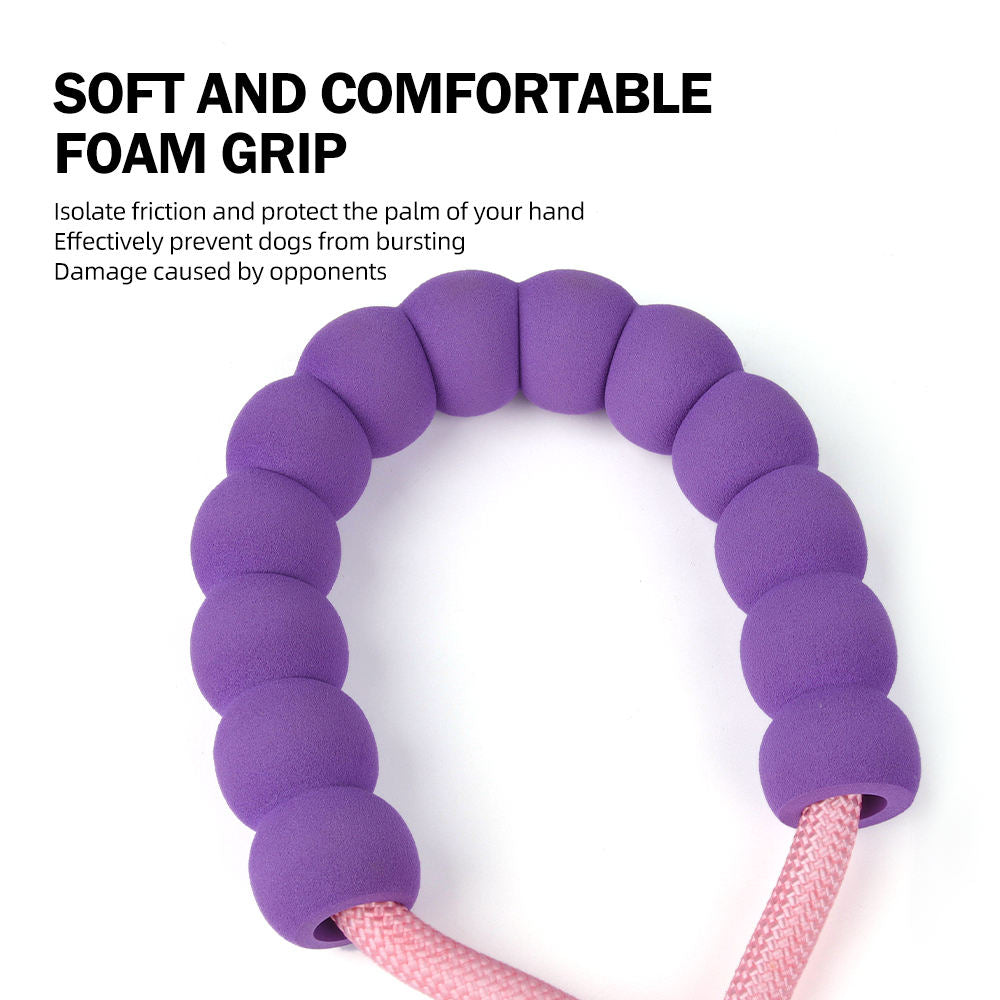 Multi-Functional Dog Training Walking Leash with Poop Bag, featuring a comfortable purple foam grip