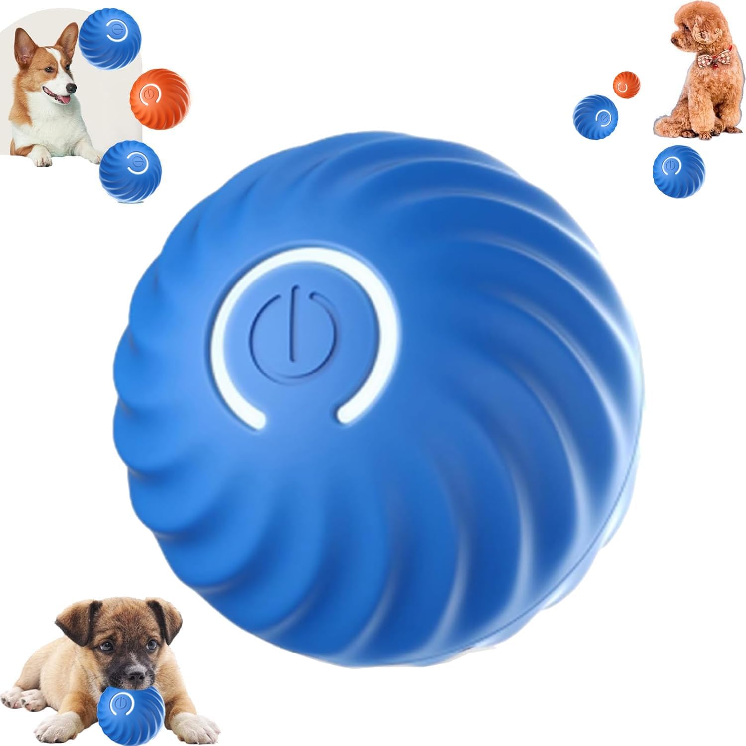 Blue USB Rechargeable Smart Jumping Ball for dogs with LED lights, made from durable high-strength TPR, in action with a corgi and a poodle on a white background.