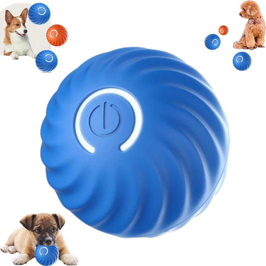 Blue USB Rechargeable Smart Jumping Ball for dogs with LED lights, made from durable high-strength TPR, in action with a corgi and a poodle on a white background.