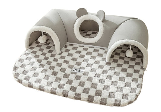 Removable Washable Soft Cat Mat 2 in 1 Grey Cat Pet Play Bed Cat Tunnel