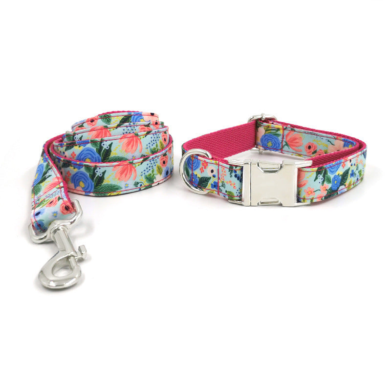 2 Pcs Printed Flower Cute Colorful Personalized Dog Collars with Leash Set