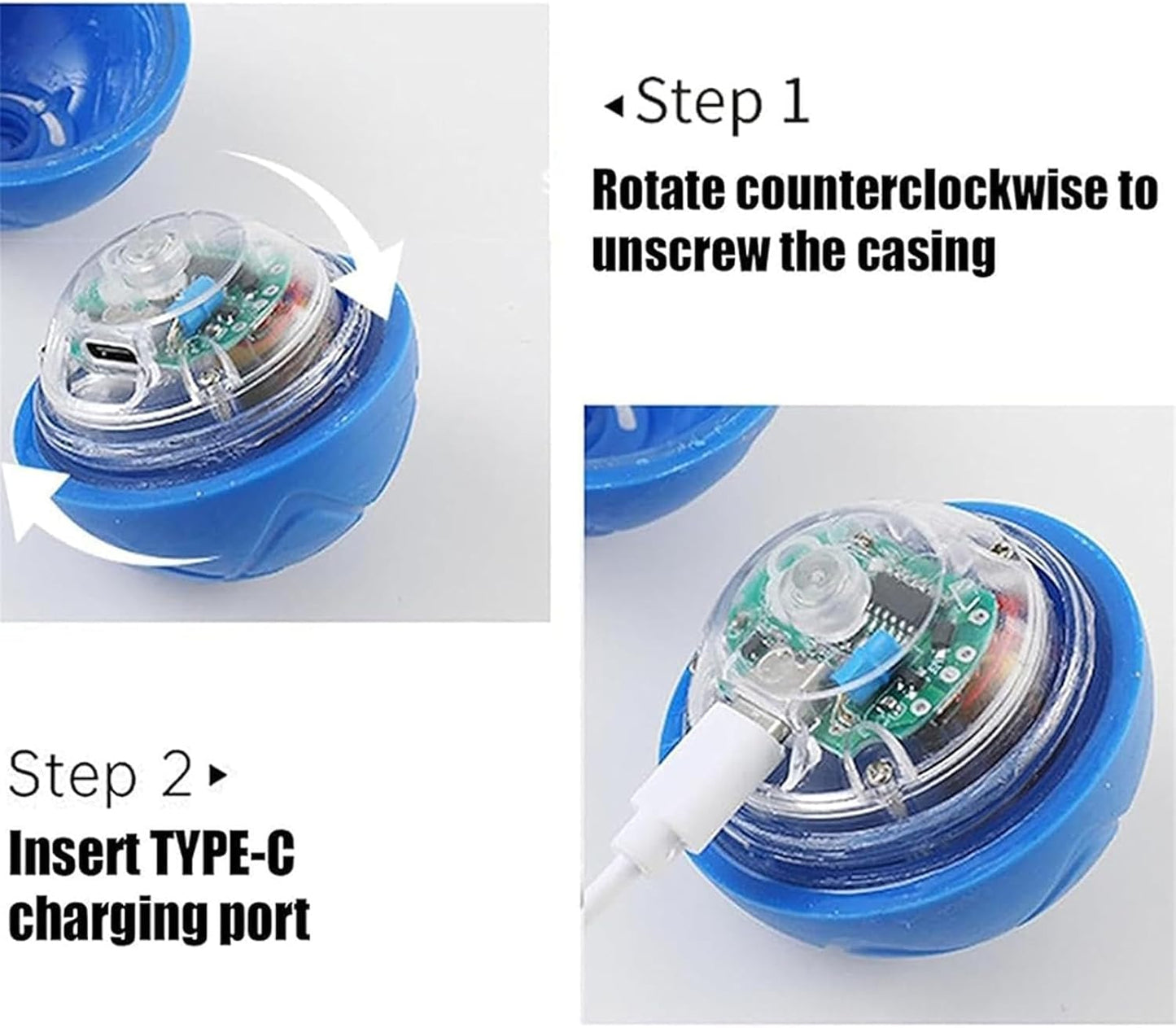 USB Rechargeable Smart Jumping Ball for Dogs being assembled, showing the blue ball-shaped device with a clear plastic casing and green circuit board.