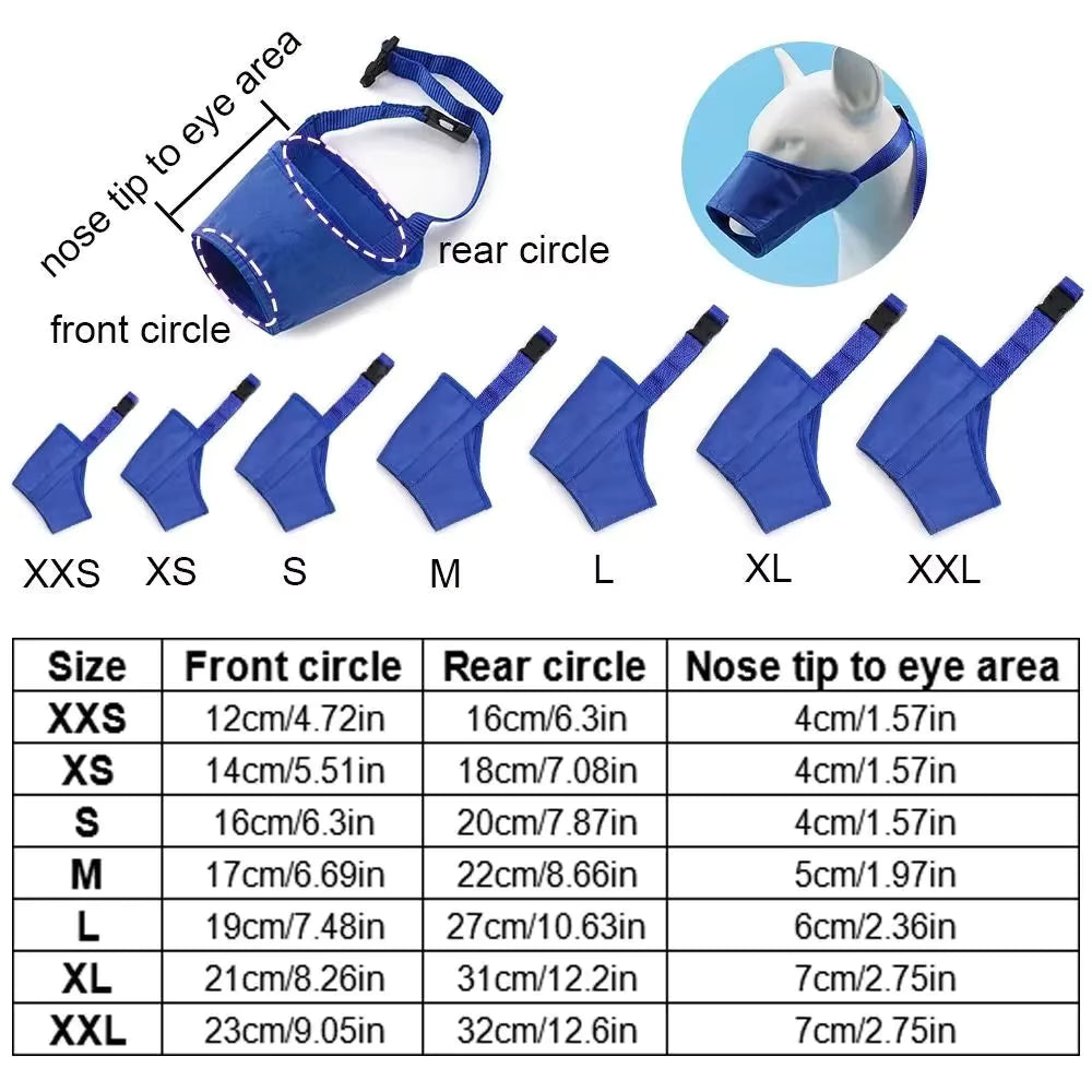 Adjustable Dog Mouth Cover in blue, available in sizes XS, XS/4, XS/5, featuring breathable, tear-resistant mesh material for anti-barking and light rain protection.