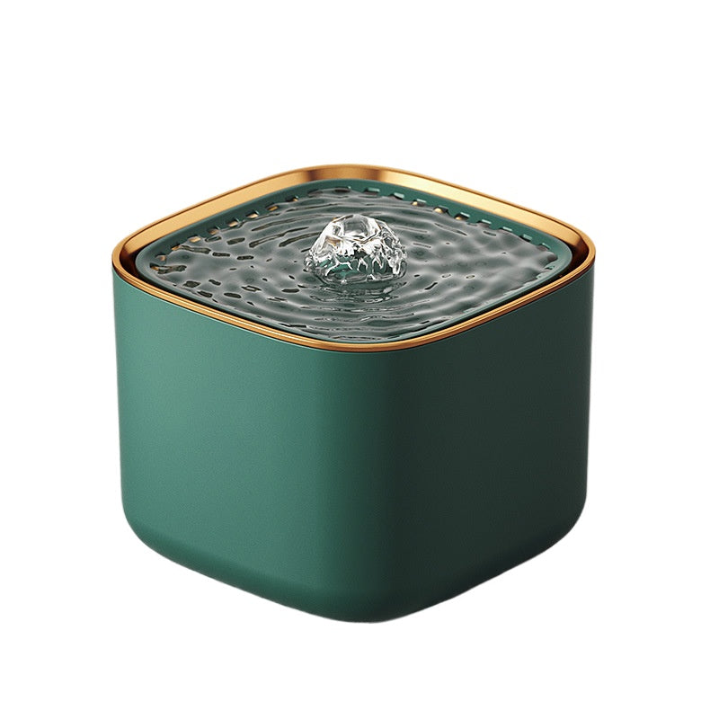3L Pet Water Fountain, automatic induction, circulating filter, USB electric in green with gold rim.