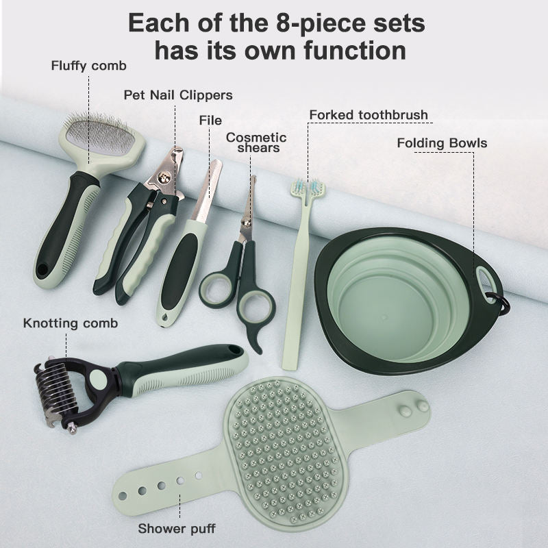 Slicker Brush, Nail Clippers, Comb, Scissors, Toothbrush & Collapsible Bowl 8pcs pet grooming kit