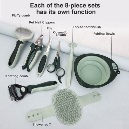Slicker Brush, Nail Clippers, Comb, Scissors, Toothbrush & Collapsible Bowl 8pcs pet grooming kit