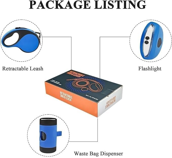 Automatic Retractable Dog Leash with Bag Dispenser and Flashlight