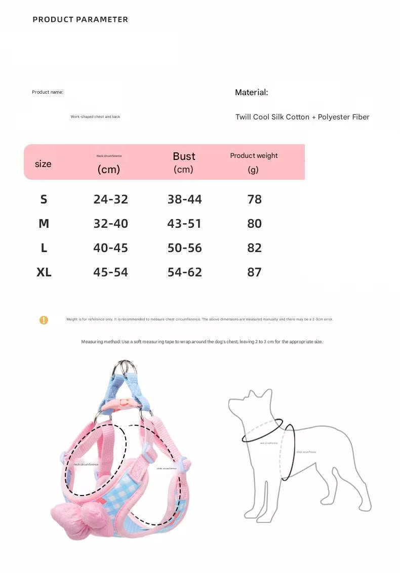 Korean Style Plaids Bow Dog Cat Chest Harness in pink and blue with leash, available in sizes S, M, L.