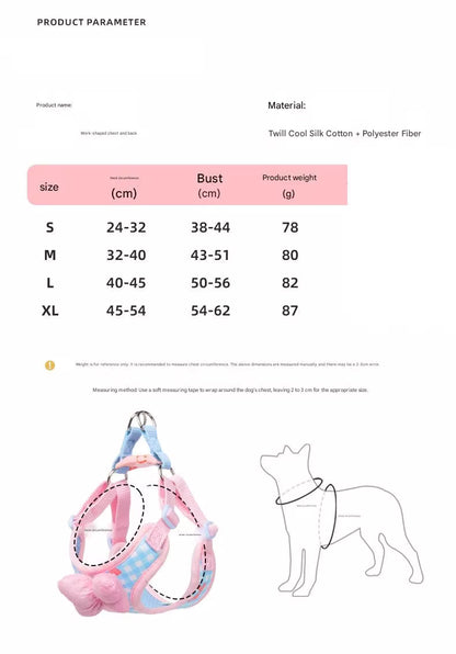 Korean Style Plaids Bow Dog Cat Chest Harness in pink and blue with leash, available in sizes S, M, L.