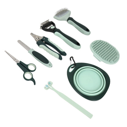 Includes Slicker Brush, Nail Clippers, Comb, Scissors, Toothbrush & Collapsible Bowl pet grooming kit