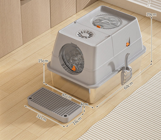 easy cleaning grey stainless stell cat litter box with lid