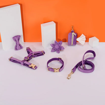 6pcs Purple Velvet Personalized Dog Collar Leash Harness Bowtie Poop Bag Set