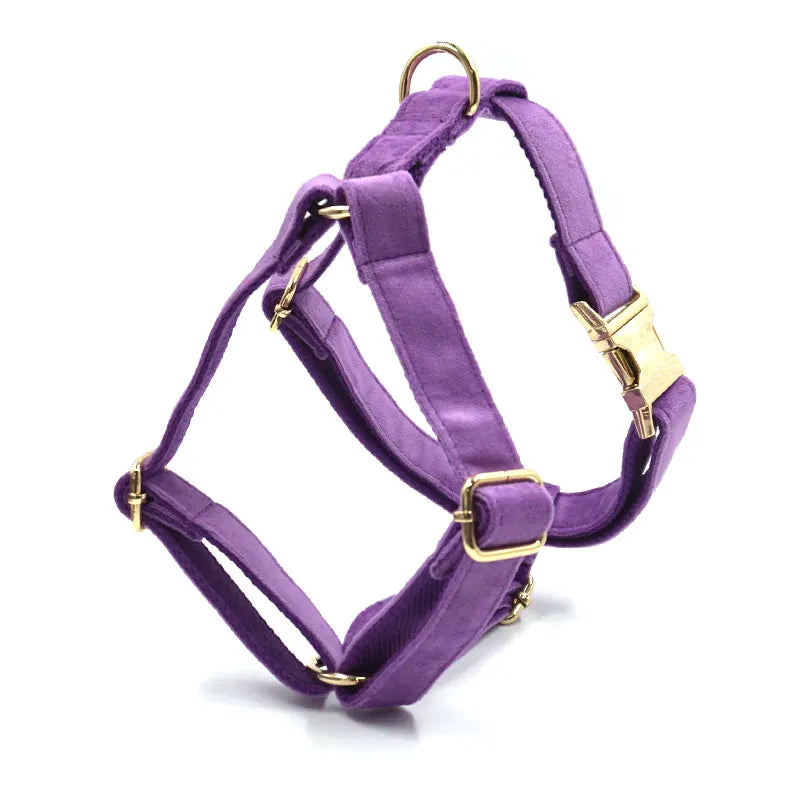 6pcs Purple Velvet Personalized Dog Collar Leash Harness Bowtie Poop Bag Set