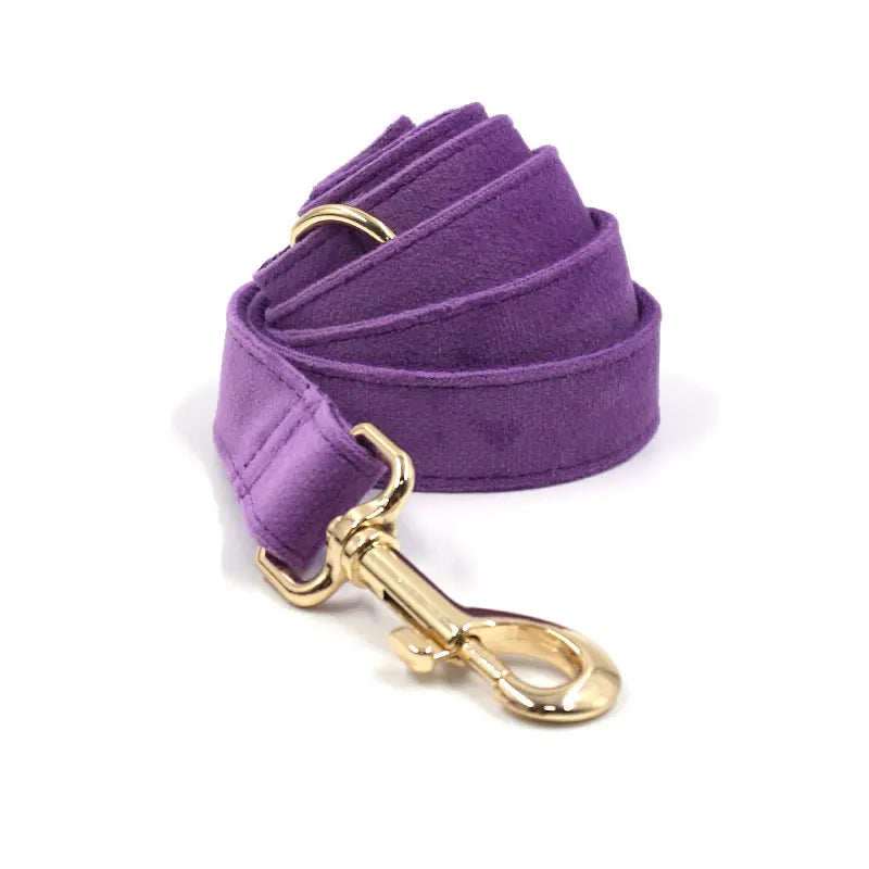 6pcs Purple Velvet Personalized Dog Collar Leash Harness Bowtie Poop Bag Set