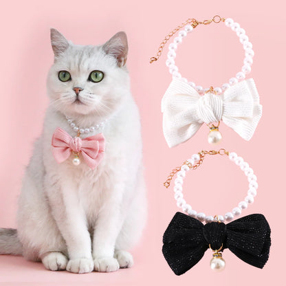 Dog Pearl Necklace Fancy Pearls Jewelry Cat Collar With Bowtie Accessory