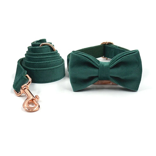 3 Pcs Stripe Velvet Personalized Dog Collar Leash Bowtie Set