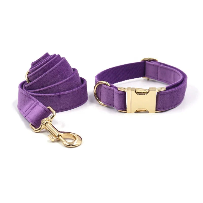 6pcs Purple Velvet Personalized Dog Collar Leash Harness Bowtie Poop Bag Set