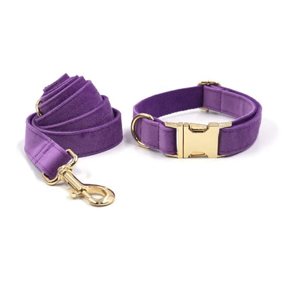 6pcs Purple Velvet Personalized Dog Collar Leash Harness Bowtie Poop Bag Set