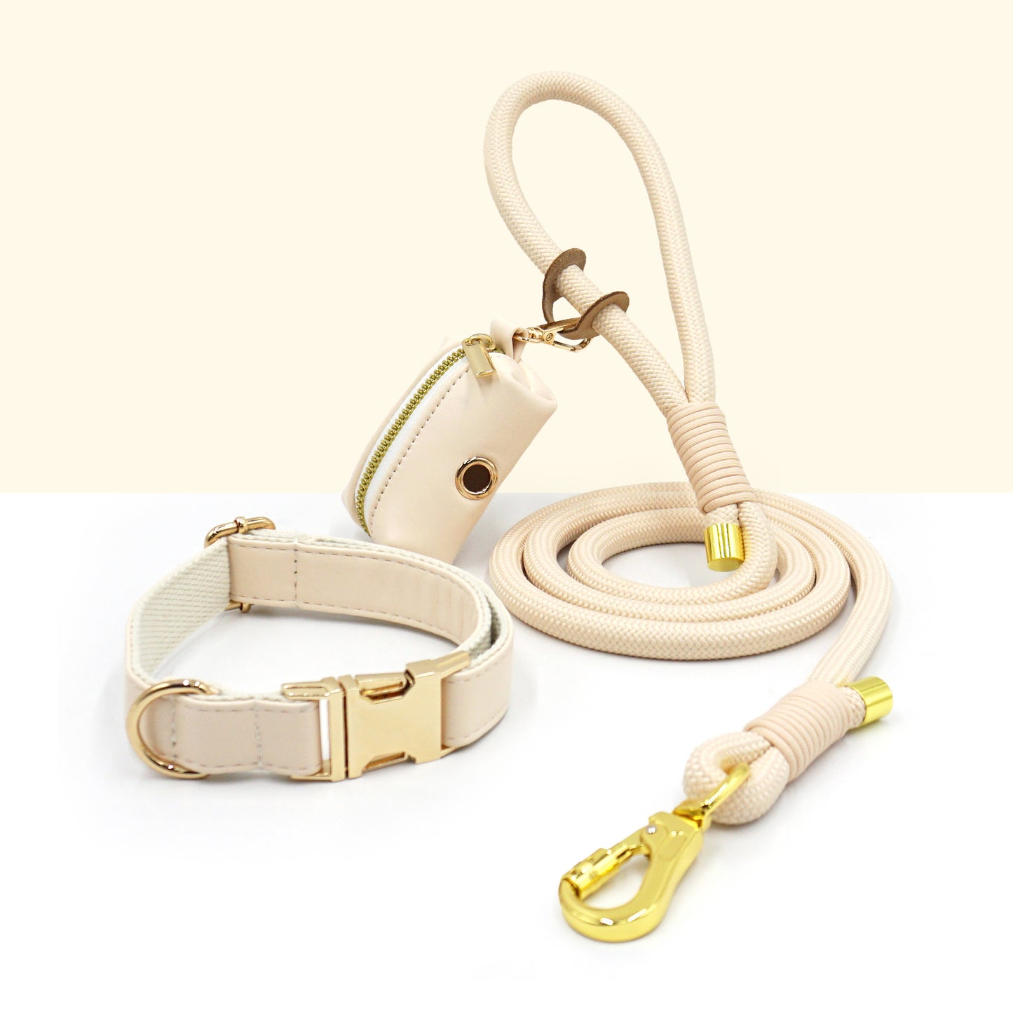 3 Pcs Leather Collar And Poop Bag Handmade Rope Leash Set