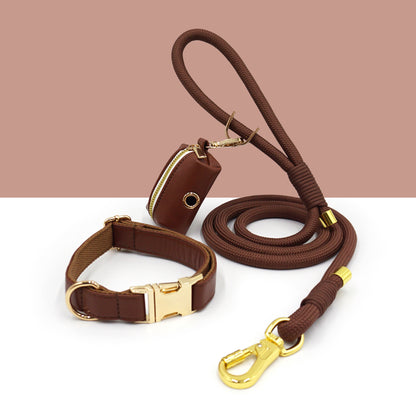 3 Pcs Leather Collar And Poop Bag Handmade Rope Leash Set