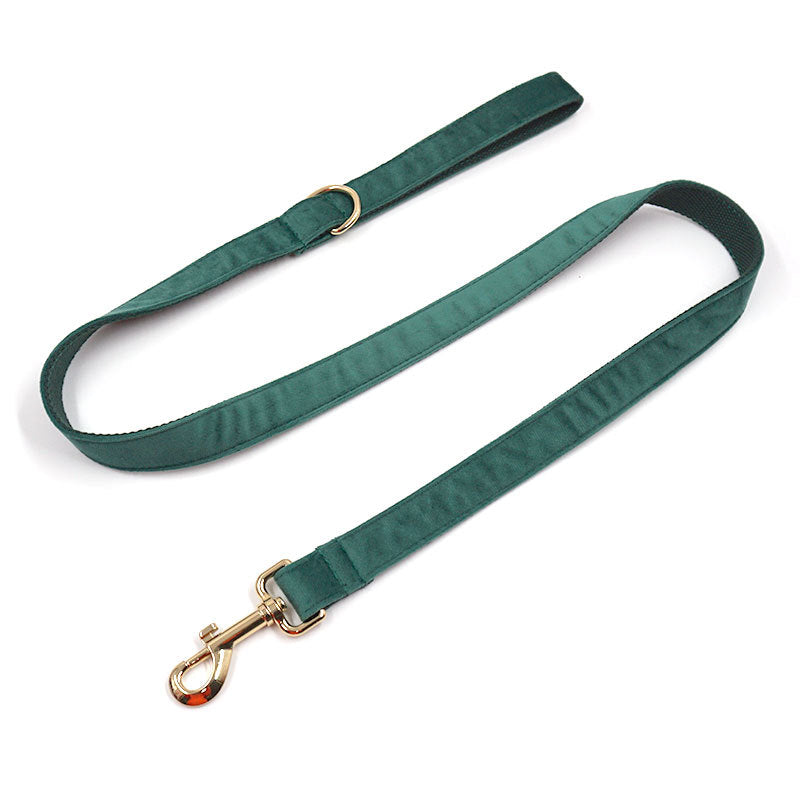 Green Stripe Velvet Personalized Dog Collar Leash Harness Bowtie Poop Bag Set