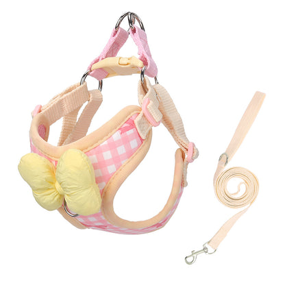 Korean Style Plaids Bow Dog Cat Chest Harness in Pink and White with Attached Beige Leash