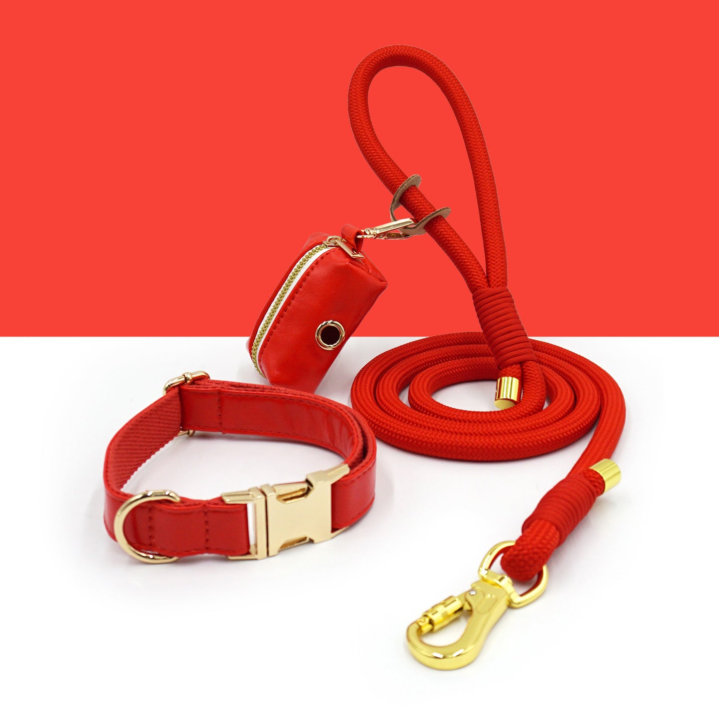 3 Pcs Leather Collar And Poop Bag Handmade Rope Leash Set