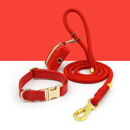 3 Pcs Leather Collar And Poop Bag Handmade Rope Leash Set