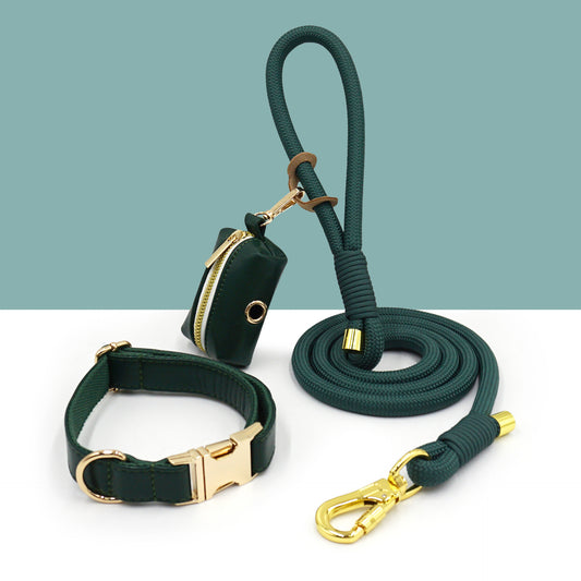 3 Pcs Leather Collar And Poop Bag Handmade Rope Leash Set