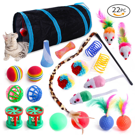 22PCS Cat Toy Feather Ball Bell Mouse Teaser Interactive Pet Cat Tunnel Set