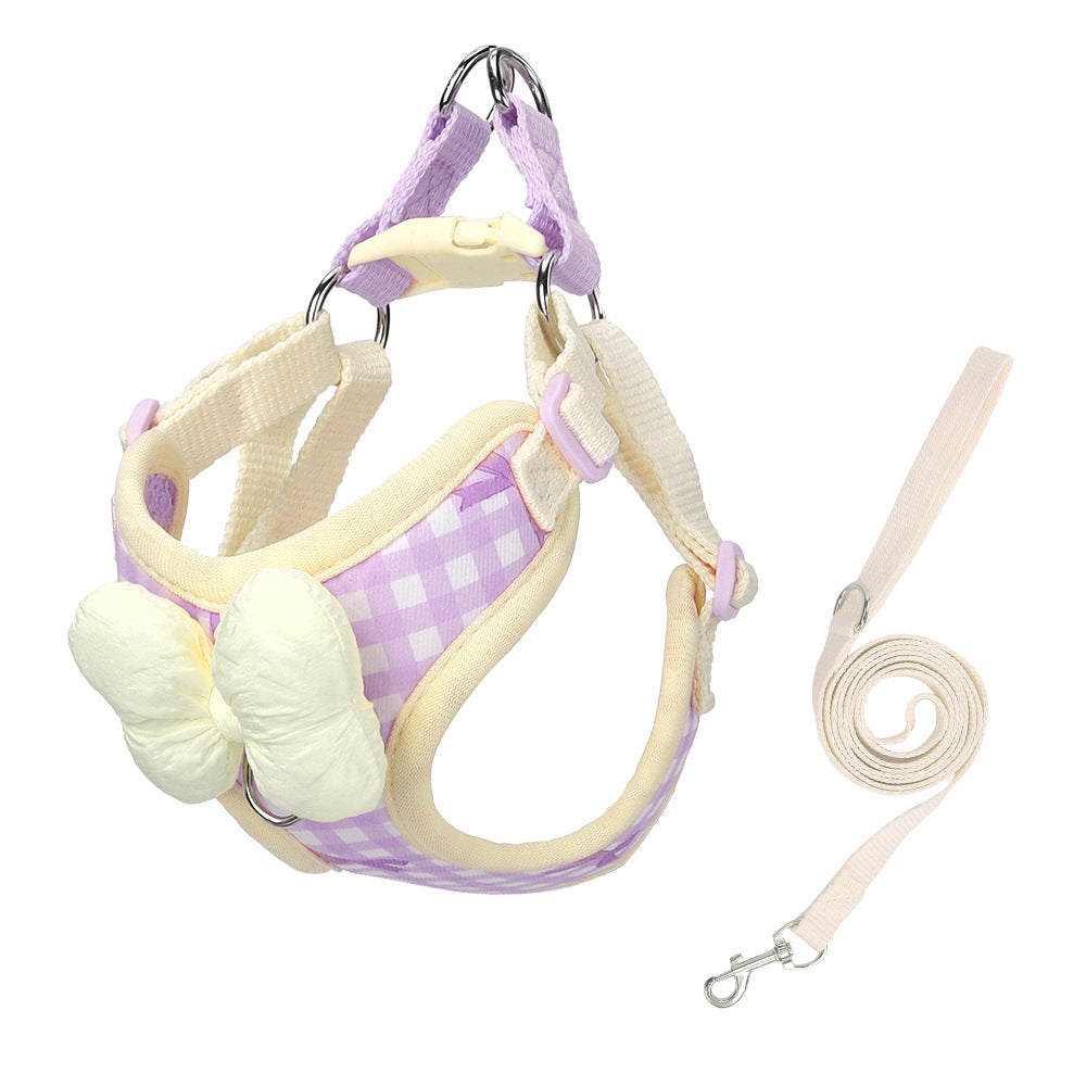 Korean style plaids bow dog cat chest harness in purple and white pattern with attached leash.